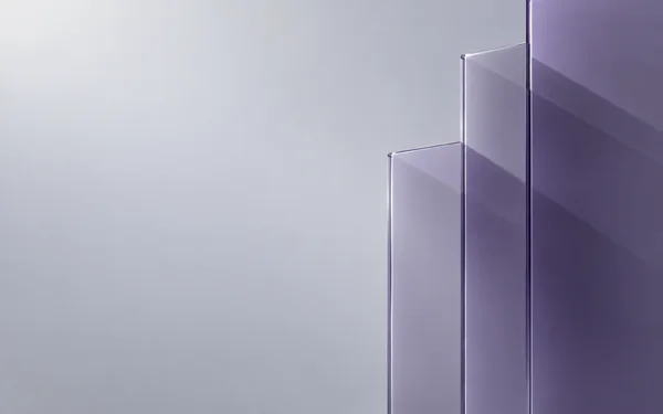 Three overlapping translucent violet glass planes form staggered vertical steps along the right side of a smooth pearl-grey field, with bright edge highlights…