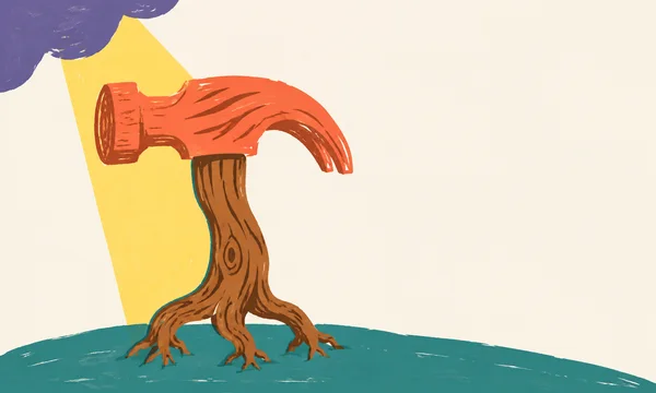 A stylized living-wood hammer stands on a teal ground shape, its exposed roots spread beneath a broad coral head with a curved claw.