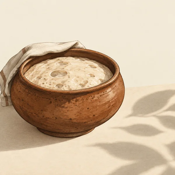 A wide cinnamon-brown earthenware crock sits left of centre on a cream tabletop, its oval opening showing pale bubbly starter.