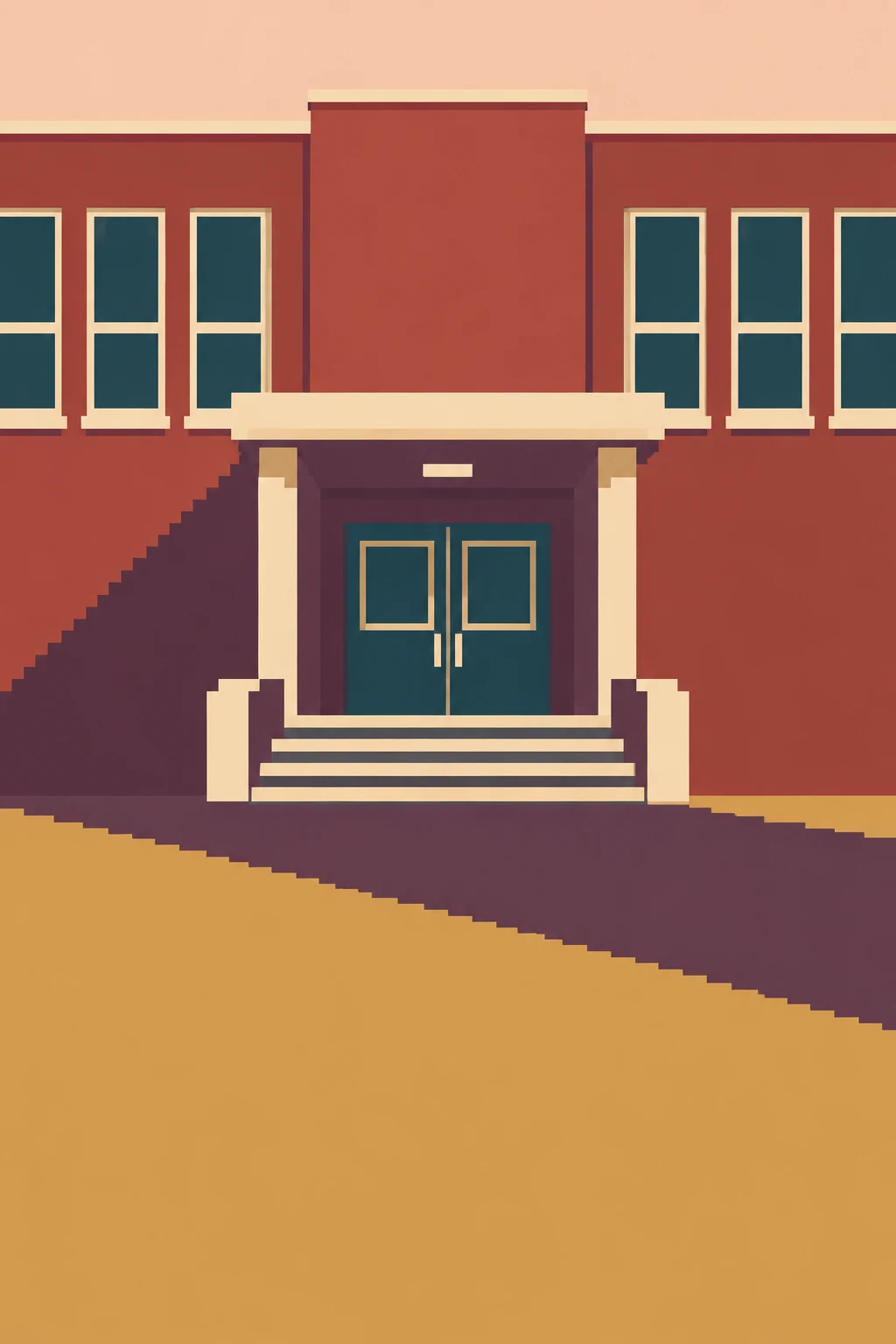 A straight-on view of a red school facade with teal double doors beneath a cream canopy, six tall windows, front steps, and a broad plum shadow crossing ochre…