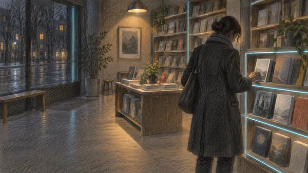 A person in a dark coat browses an unlettered book in a small bookshop, with cyan-lit shelf edges, warm overhead light, and a rainy street visible through the…