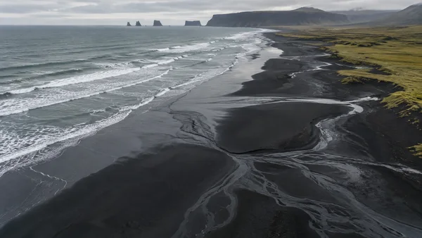 A high oblique view follows a dark volcanic-sand shoreline as pale surf breaks along it; branching freshwater channels cross the wet beach, with olive-green…