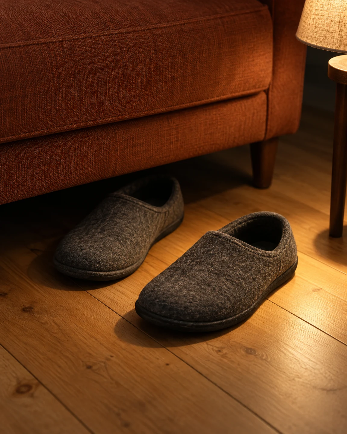 Two dark, mottled felt slippers sit on a honey-coloured wooden floor, one partly beneath a rust-coloured sofa.