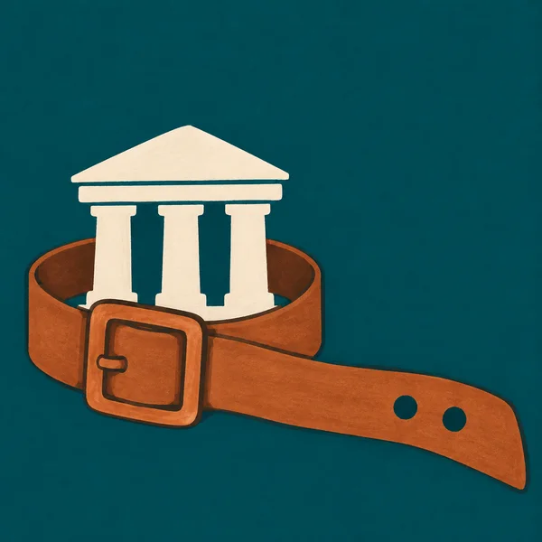 A broad copper-colored belt loops around a warm-white civic building with a triangular pediment and three columns.