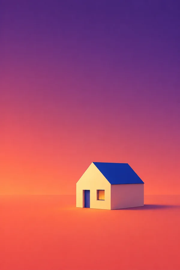 A small cream-colored house with a cobalt-blue pitched roof sits on a coral ground beneath a magenta-to-violet gradient sky.