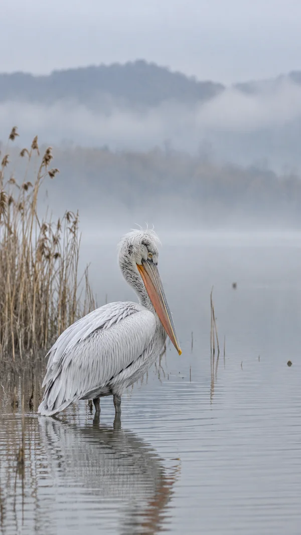 A white Dalmatian pelican stands in shallow water beside tall reeds, its long orange-pink bill angled down and its reflection visible in the calm lagoon.