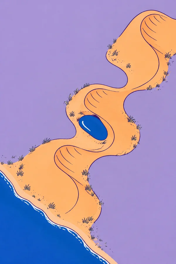 A stylized aerial illustration of three connected apricot dune ridges winding diagonally across lavender ground, with a small cobalt-blue pond inside a loop…