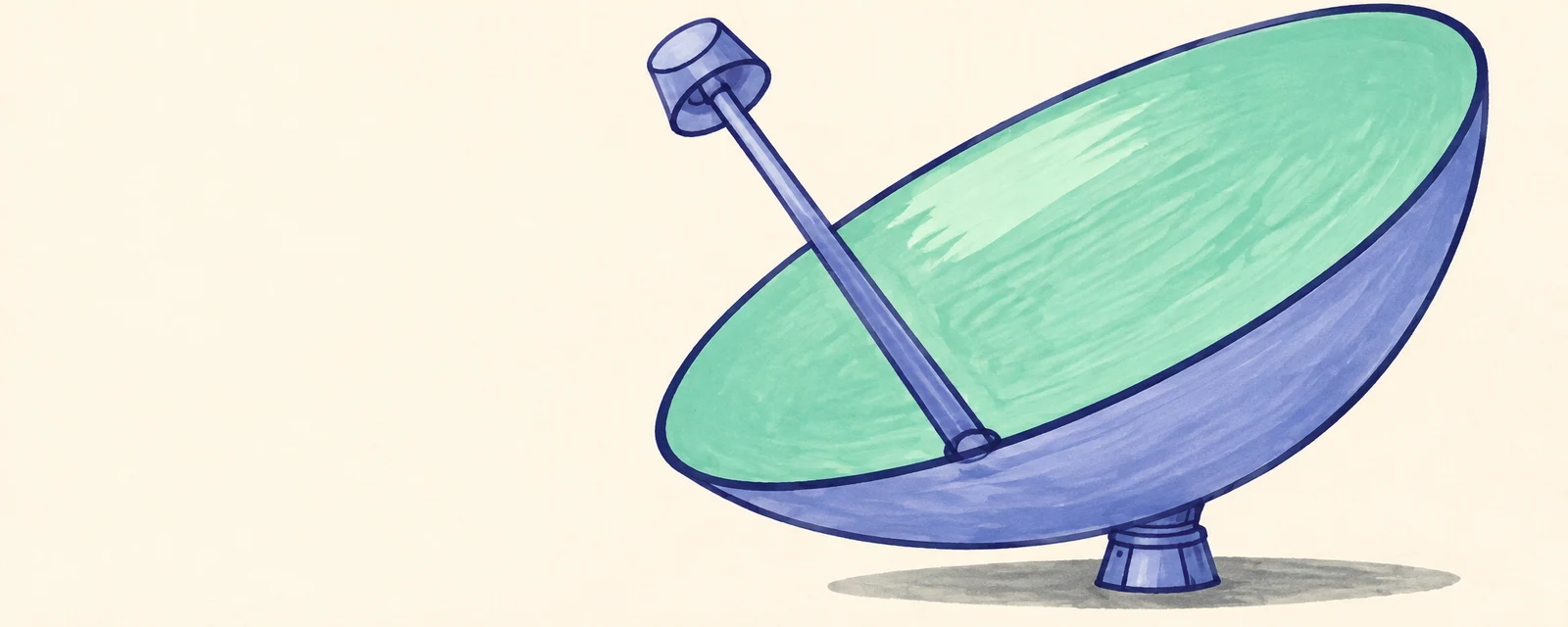 A large periwinkle satellite dish with a mint interior fills the right side of an ivory background.