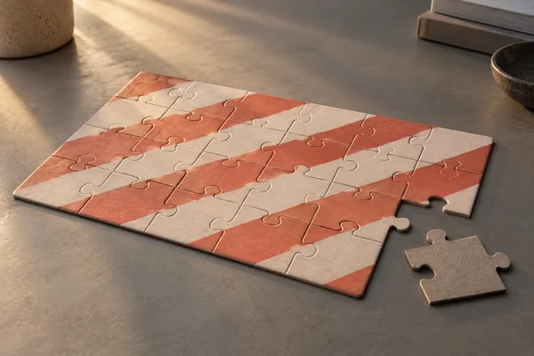 A nearly completed rectangular jigsaw with broad coral and cream diagonal stripes lies on a grey tabletop.