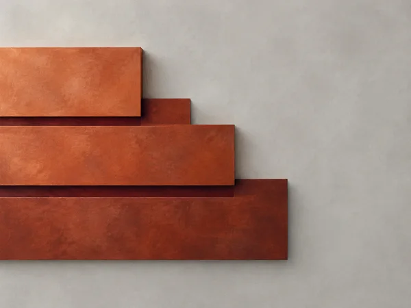 Three broad rust-red rectangular planes overlap in a stepped arrangement on a pale grey textured field, with dark recessed seams and soft shadows.