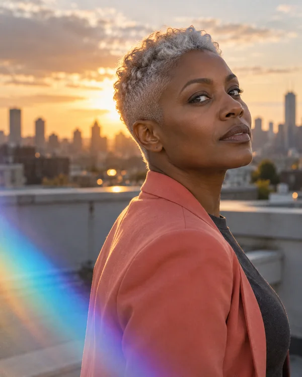 A woman with short silver hair looks back toward the camera in a coral jacket over a charcoal top, with a softly blurred rooftop skyline at sunset and a…