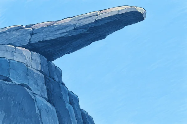 A blue-gray rocky cliff rises from the left and lower edges, with a long blunt overhang projecting toward the upper right against a pale blue sky.