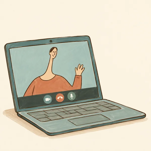 A hand-drawn teal laptop sits diagonally on a warm ivory background, showing a smiling participant with a long neck raising a hand on a video call.