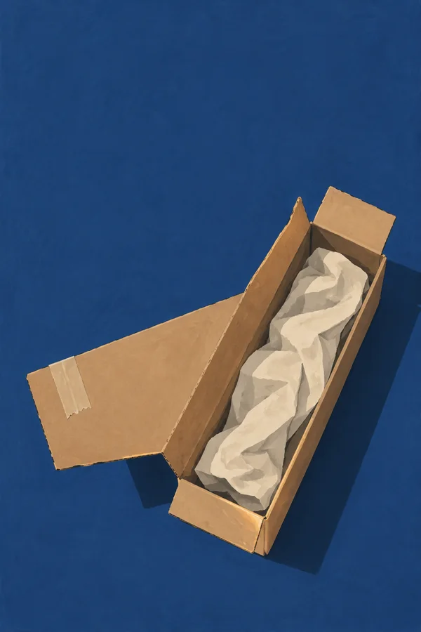 An open, long kraft-cardboard carton lies diagonally on a deep-blue surface, with one oversized flap spread to the left, a strip of tan tape, cream packing…