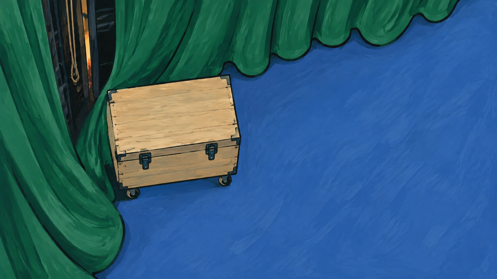 A beige wooden prop trunk with two dark latches and two visible small wheels sits beside a sweeping forest-green theatre curtain, with a dark backstage opening…
