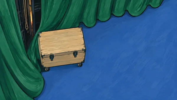 A beige wooden prop trunk with two dark latches and two visible small wheels sits beside a sweeping forest-green theatre curtain, with a dark backstage opening…
