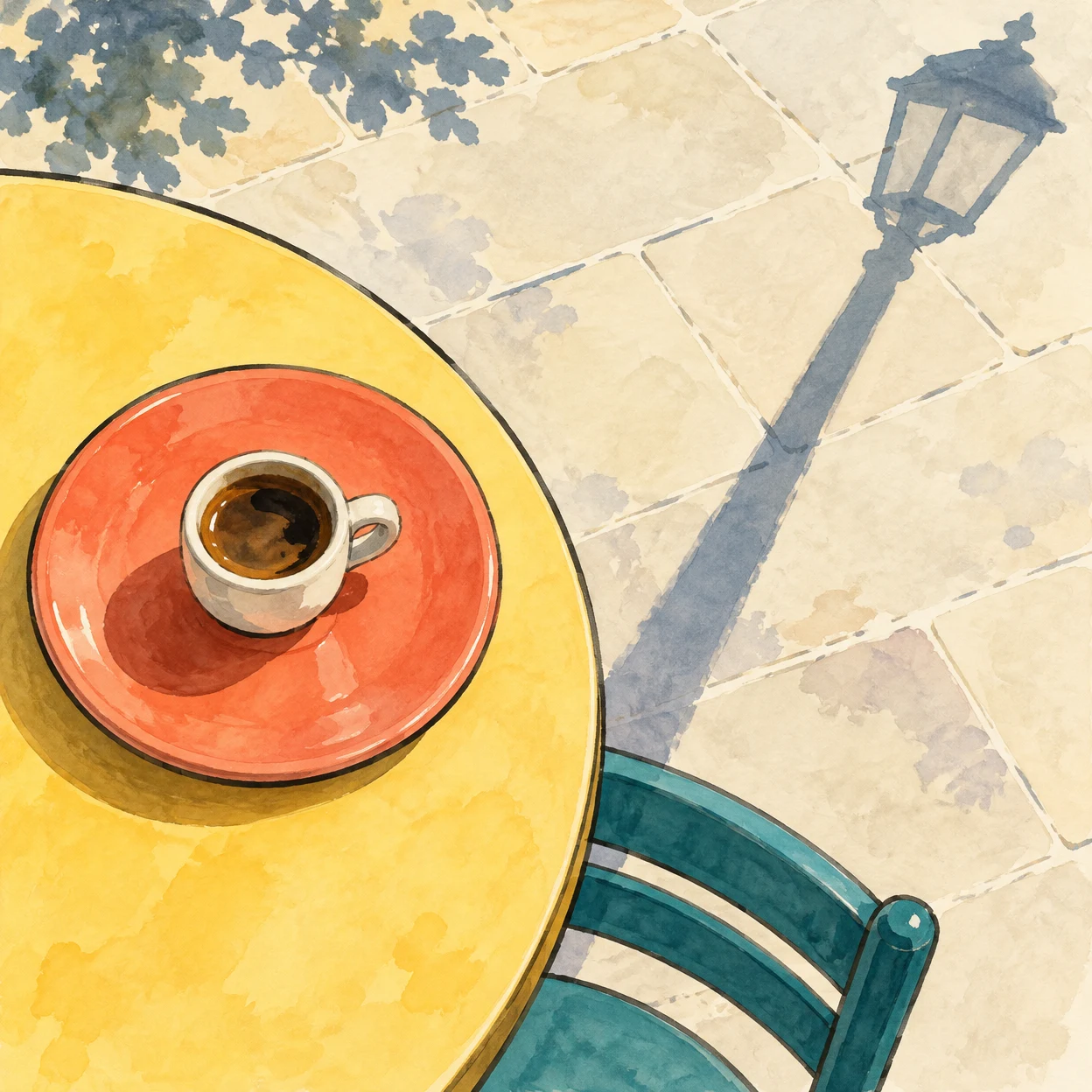 Overhead watercolor illustration of a cream cup of dark coffee on a broad coral saucer atop a butter-yellow café table, with a teal chair back below and a long…