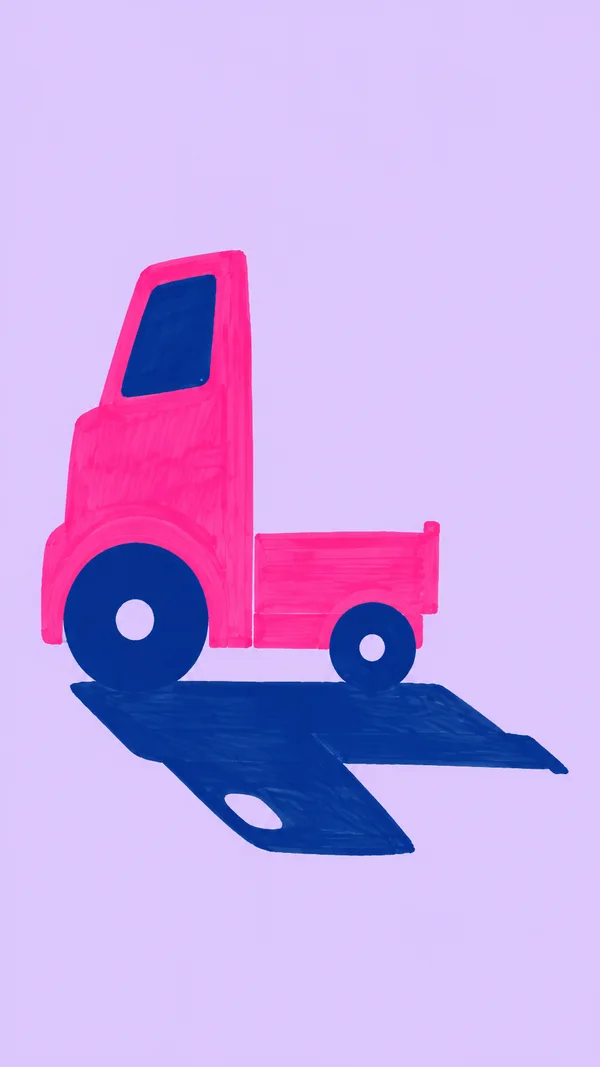 A hot-pink hand-drawn cargo truck with a very tall cab and short open bed sits against a pale lavender background.