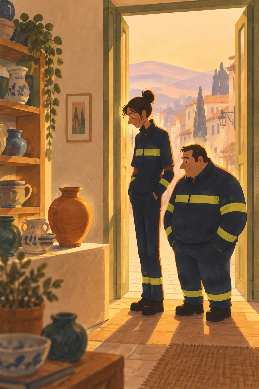 A tall woman and a stocky man in dark navy uniforms with lime reflective bands stand inside a ceramics shop near its open doorway, looking toward a large…