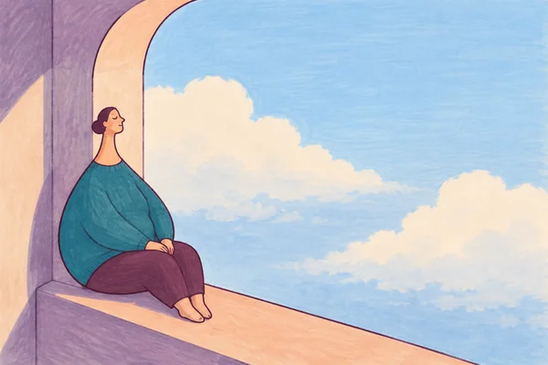 A person in a voluminous teal sweater and plum trousers sits with eyes closed on a peach sill inside a large arched window, with pale clouds and blue sky…