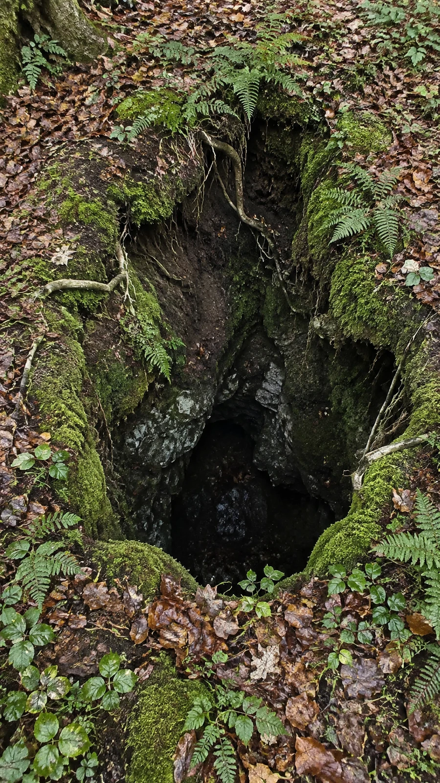 A deep, irregular sinkhole edged with bright moss, small ferns, exposed roots and fallen brown leaves in a damp woodland floor; pale limestone is visible along…