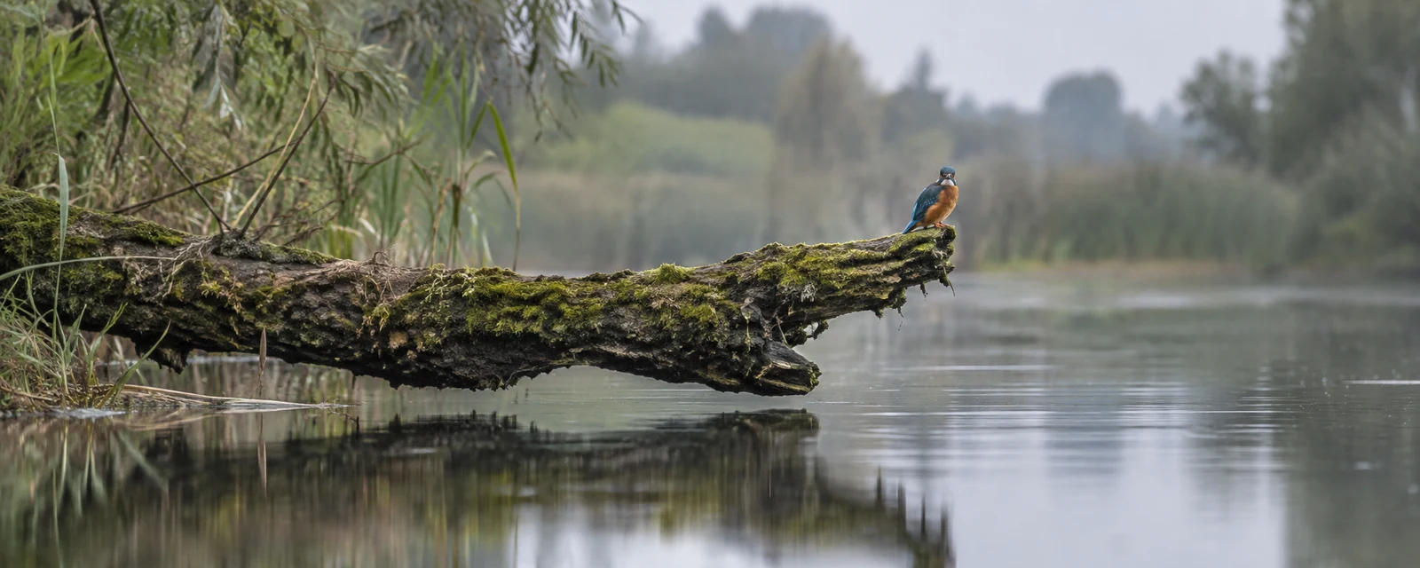 A small common kingfisher with an orange breast and blue back perches near the end of a moss-covered fallen trunk above still water, with blurred reeds and…