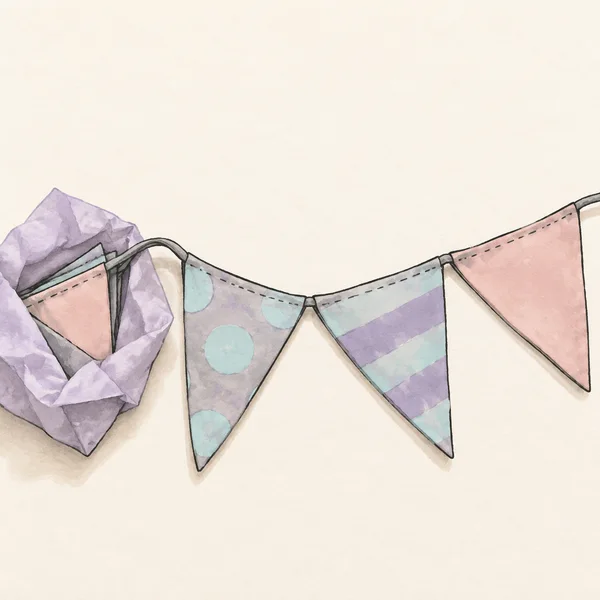 An overhead hand-drawn illustration of pastel triangular fabric bunting on a gently curved cord, spilling from a crumpled lavender tissue-paper bundle across a…