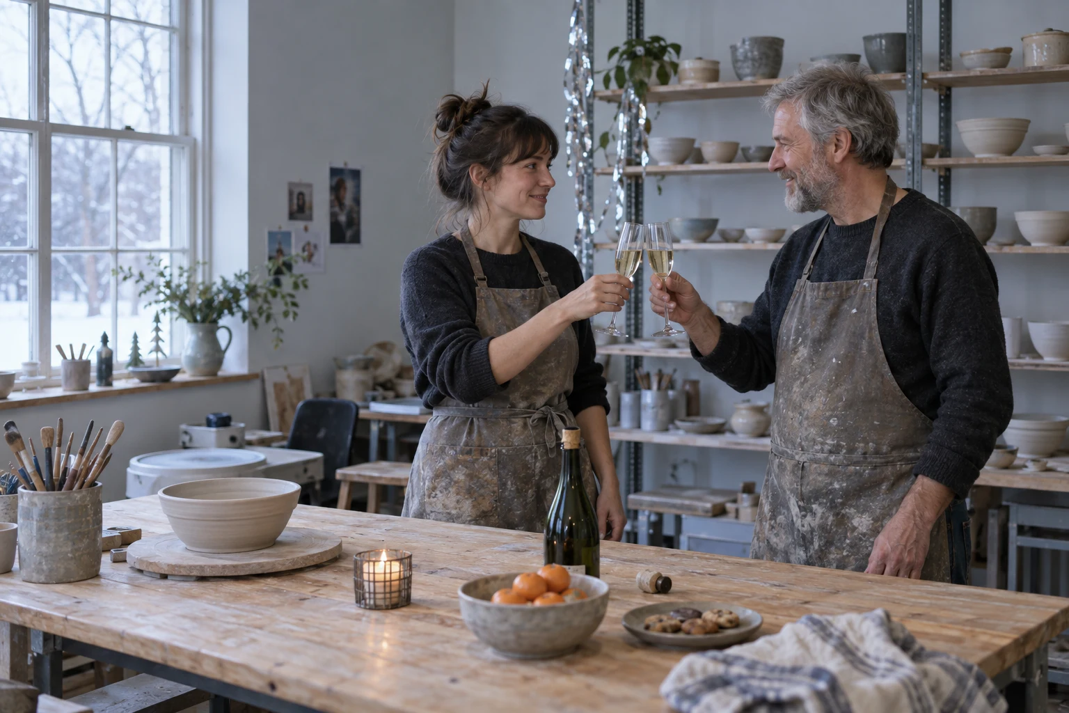 Two ceramicists in worn aprons face each other and raise clear flutes over a clay-marked wooden workbench.