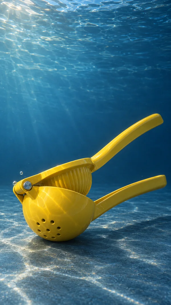 A bright yellow manual citrus press rests open on a blue textured floor underwater, with its perforated cup facing the camera and two handles extending to the…