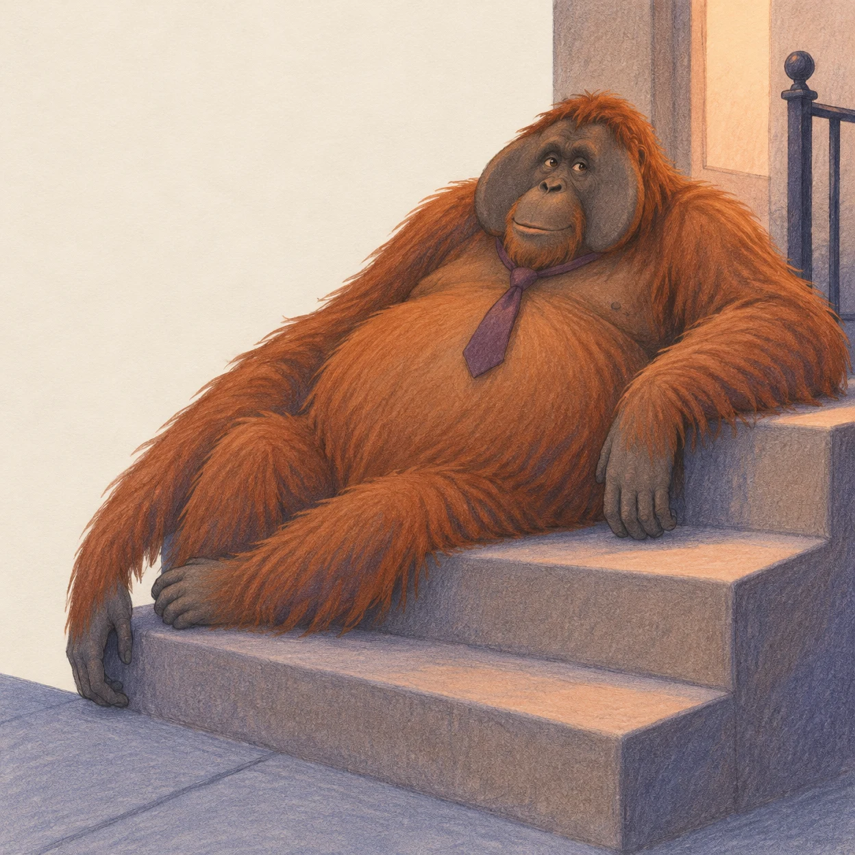 A large orange orangutan in a plum tie lounges across broad stone stoop steps, with its long arms hanging over separate edges beside a warm-lit doorway and…