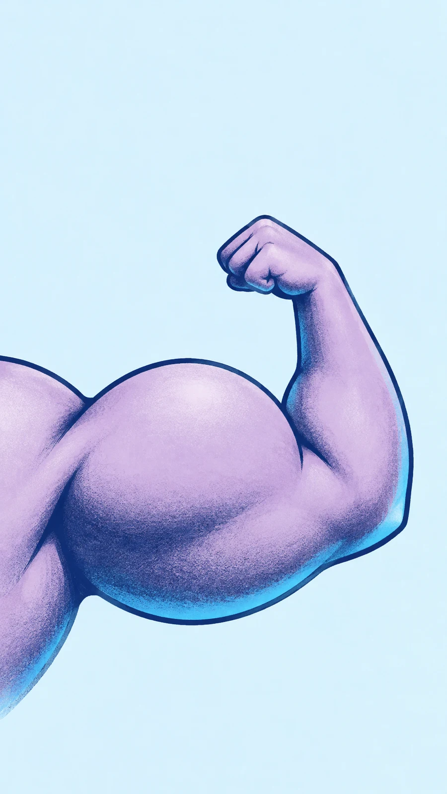 A stylized lavender arm flexes against a pale blue background, with an oversized rounded bicep, raised clenched fist, dark blue outlines, and cyan shading…