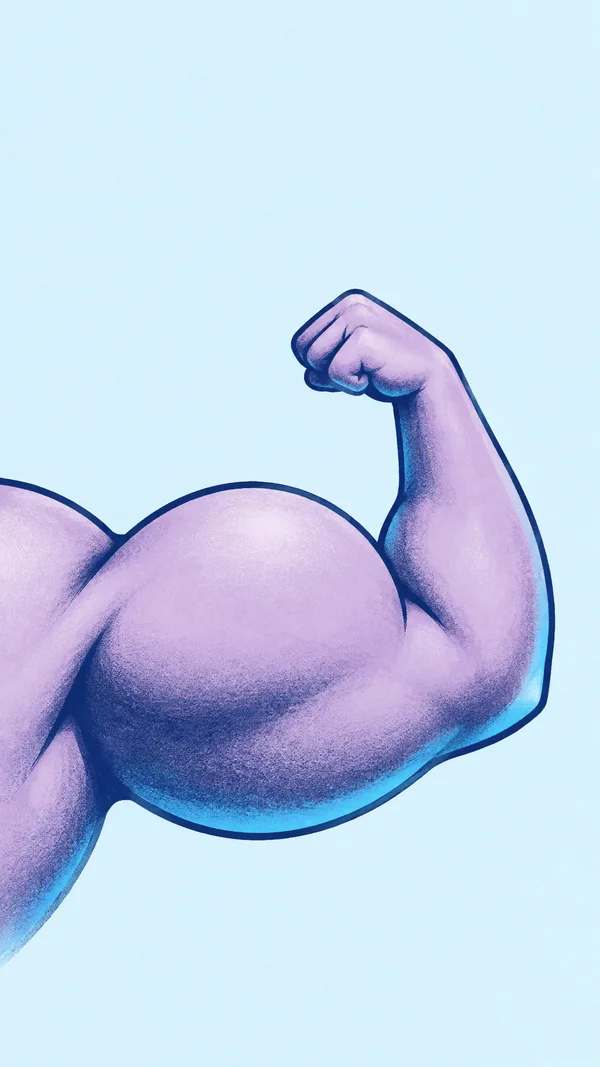 A stylized lavender arm flexes against a pale blue background, with an oversized rounded bicep, raised clenched fist, dark blue outlines, and cyan shading…