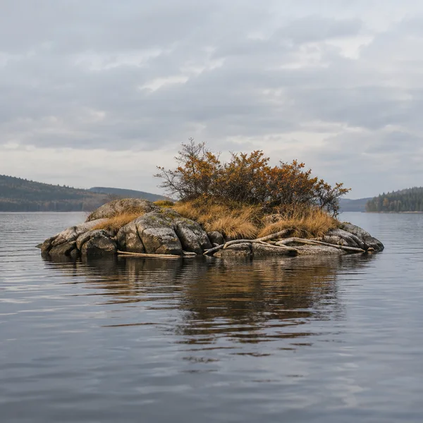 A low rocky island with tawny grasses, orange-brown shrubs and driftwood sits in a calm lake, with rippled reflections, a cloudy sky and distant wooded shores.