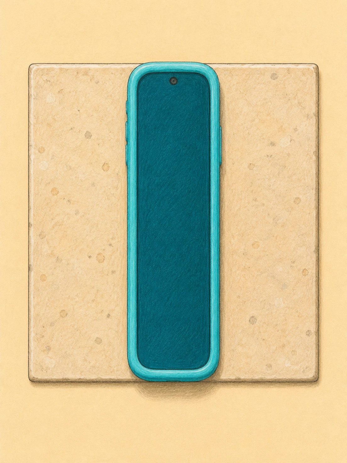 A long turquoise-cased smartphone with a plain dark teal screen lies vertically centered on a sand-colored ceramic tile, against a warm pale background.