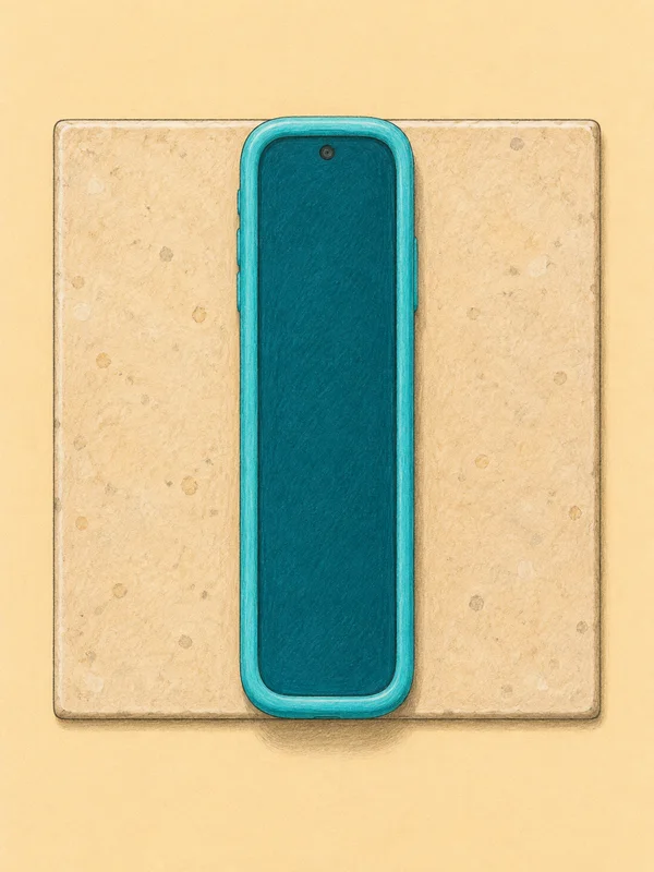 A long turquoise-cased smartphone with a plain dark teal screen lies vertically centered on a sand-colored ceramic tile, against a warm pale background.