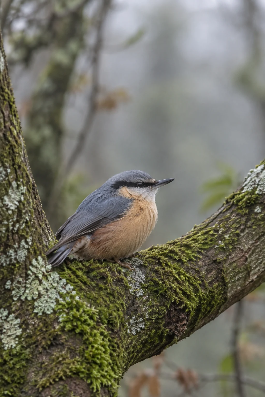 A Eurasian nuthatch with a slate-blue back and warm apricot breast perches on a moss- and lichen-covered forked branch, against a softly blurred woodland…