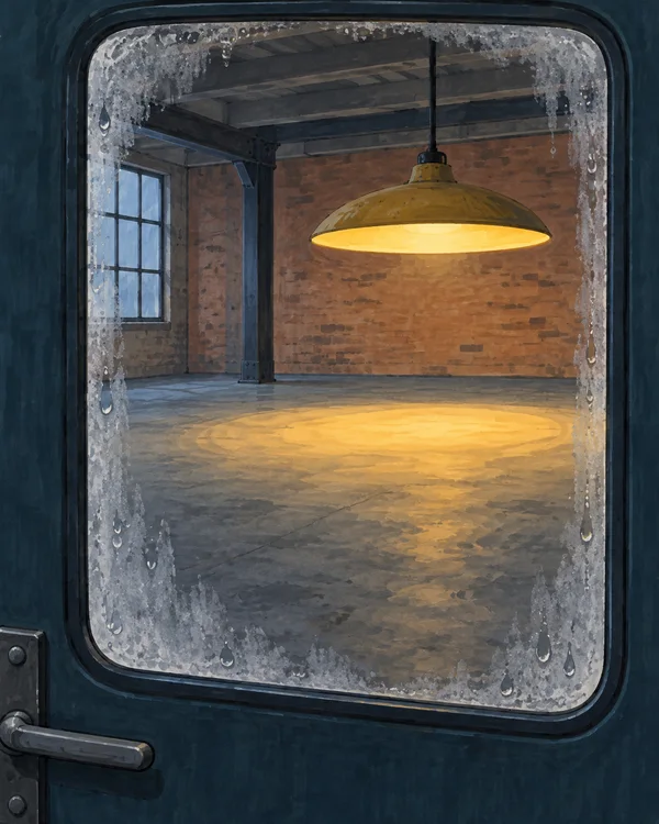 A broad ochre pendant lamp casts a warm oval of light across the concrete floor of an empty brick-walled industrial loft, seen through a condensation-edged…