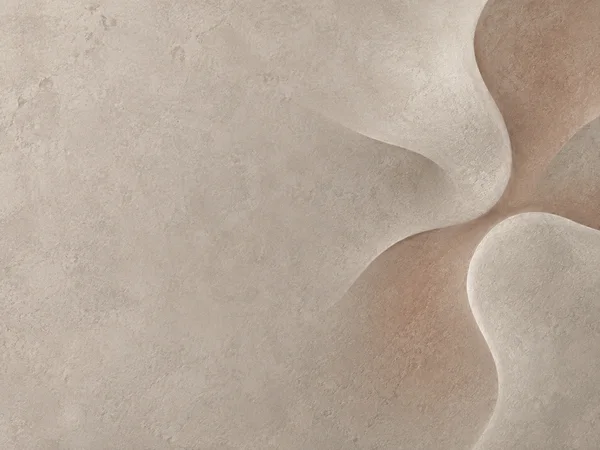 A warm-grey, mottled plaster-like surface with broad, softly lit chalk-white and dusty terracotta curves concentrated along the right side, leaving most of the…