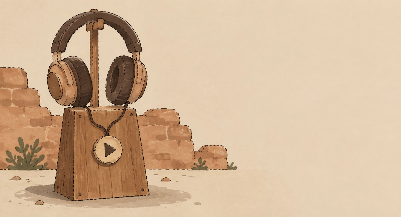 An oversized pair of brown headphones hangs on a timber post above a wooden playback pedestal with a circular play button, in front of a low clay-brick wall…