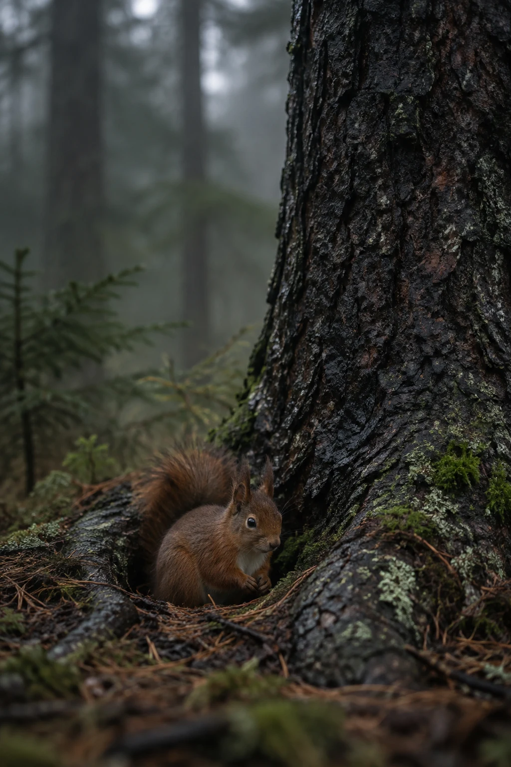 A red squirrel crouches in a shallow hollow among roots, pine needles and moss at the base of a dark, wet-looking tree trunk, with a softly blurred forest…