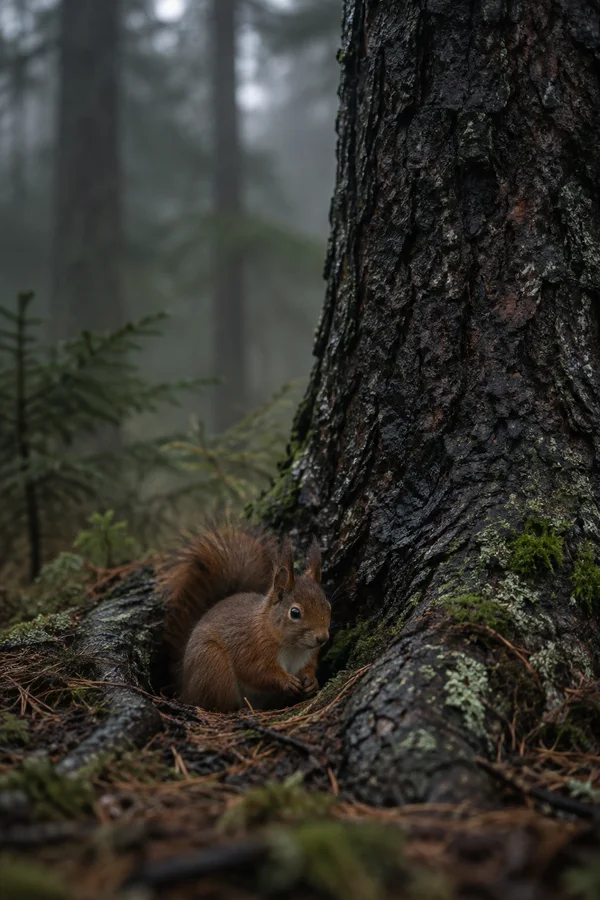 A red squirrel crouches in a shallow hollow among roots, pine needles and moss at the base of a dark, wet-looking tree trunk, with a softly blurred forest…