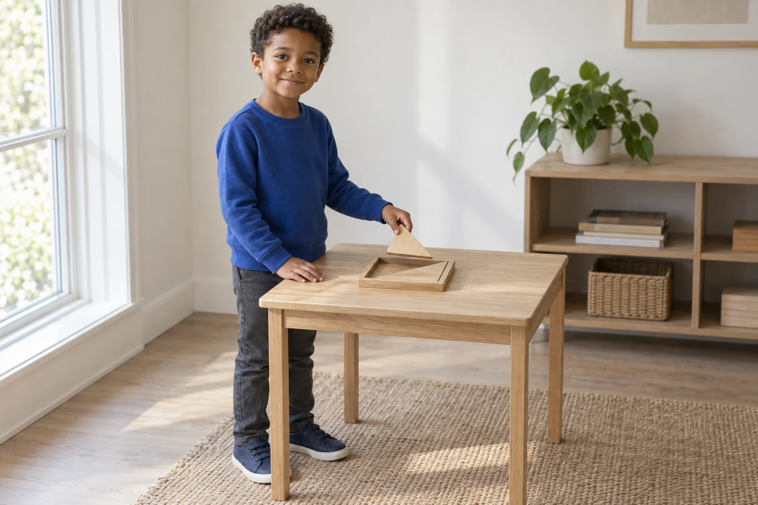 A child in a blue sweatshirt stands at a wooden table, holding a wooden triangle above a shallow tray with another triangle inside.