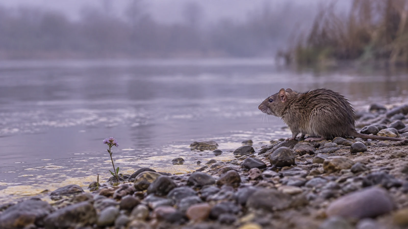 A brown rat sits on wet riverbank stones at the water’s edge, facing left toward the water.