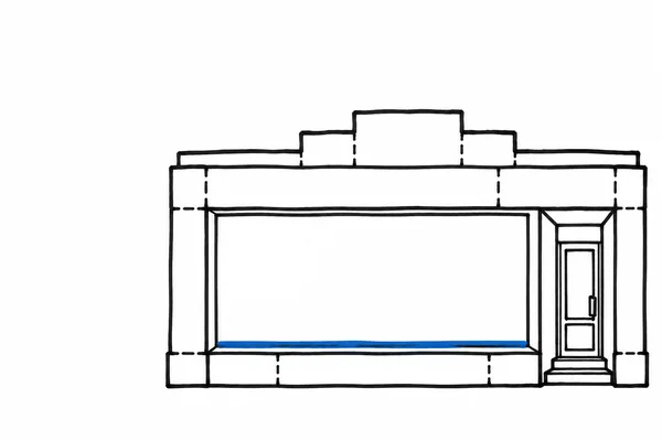 A black marker illustration of a wide, empty shopfront with a large blank display window, a narrow recessed door on the right, and a stepped parapet.