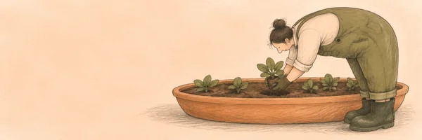 An adult gardener in olive workwear bends over a long terracotta trough, lowering a leafy seedling into the soil; several other seedlings are already planted…