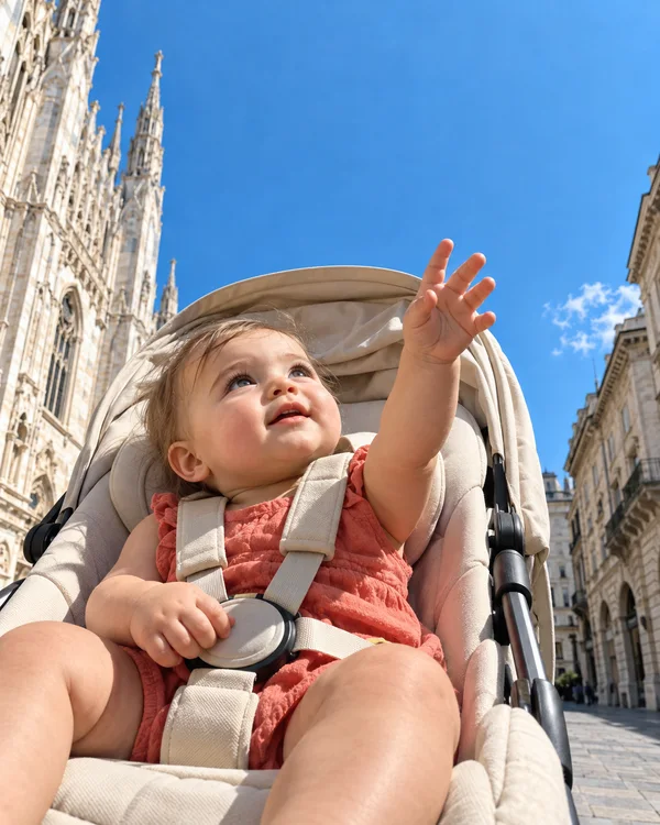 A baby in a coral romper sits securely harnessed in a cream stroller, looking upward and reaching with one hand beneath a bright blue sky, with ornate pale…
