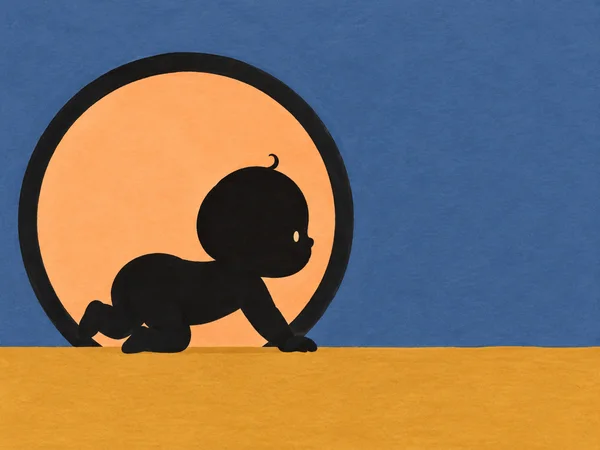 A black cut-paper-style infant crawls to the right across an ochre floor in front of a large peach-filled circular opening, against a textured blue wall.