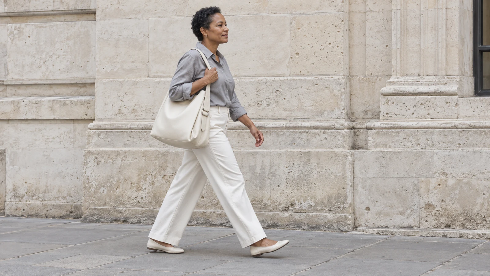 A woman with short natural hair walks along a stone facade in a silver-grey shirt, off-white trousers and pale flats, carrying a large ivory shoulder bag.