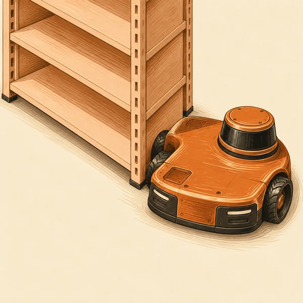 A low burnt-orange mobile robot with a large raised sensor pod sits beside the end of an empty wooden shelving unit on a cream floor.