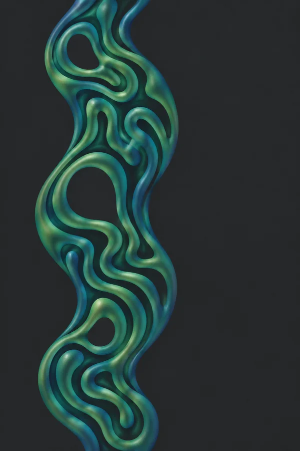 A tall, sinuous ribbon of green and petrol-blue labyrinthine bands runs down the left side of a charcoal background, with smooth dark openings and a broad area…